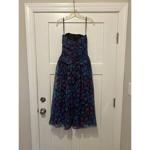 Vintage 80s Pleated Paint Pattern Black Strapless Party Dress Size 10 Chiffon